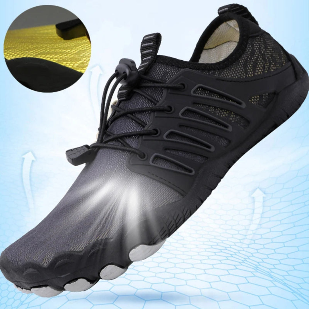 "Zwarte orthopedische barefoot schoenen voor dames, lichtgewicht en ademend, ideaal voor comfort en natuurlijke beweging."