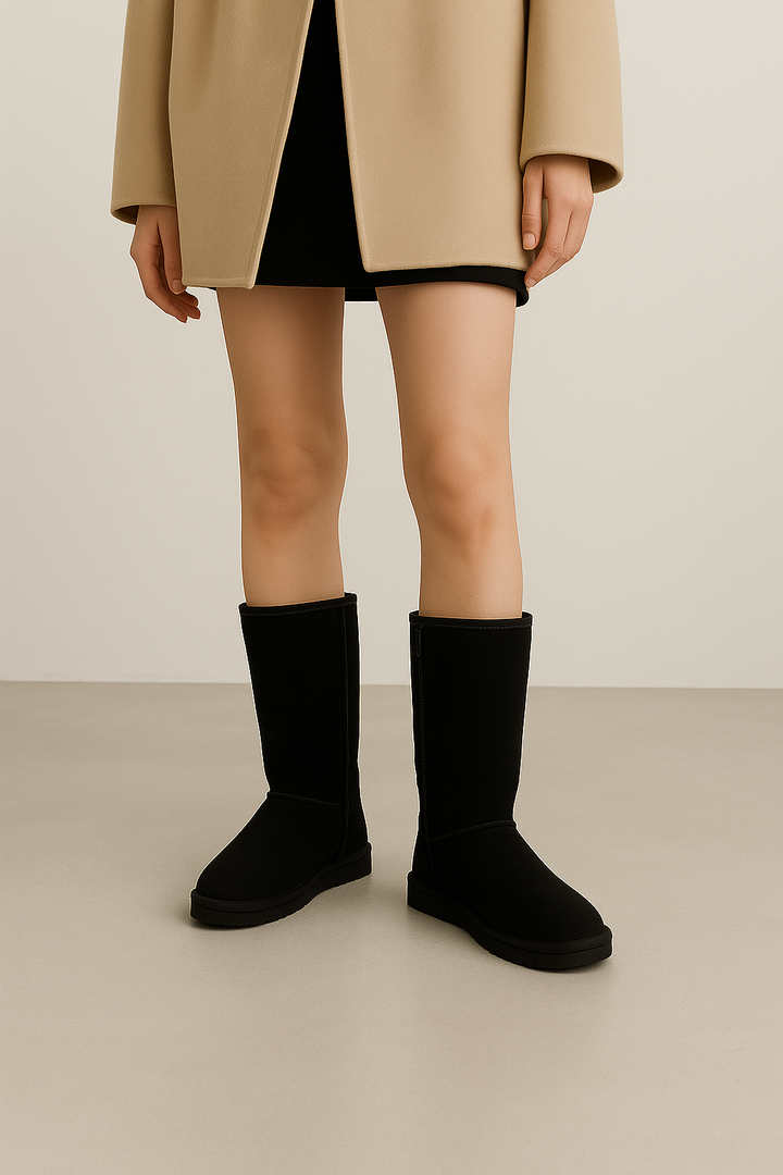 "Zwarte waterdichte sheepskin laarzen met comfortabele zachte voering voor koude dagen"